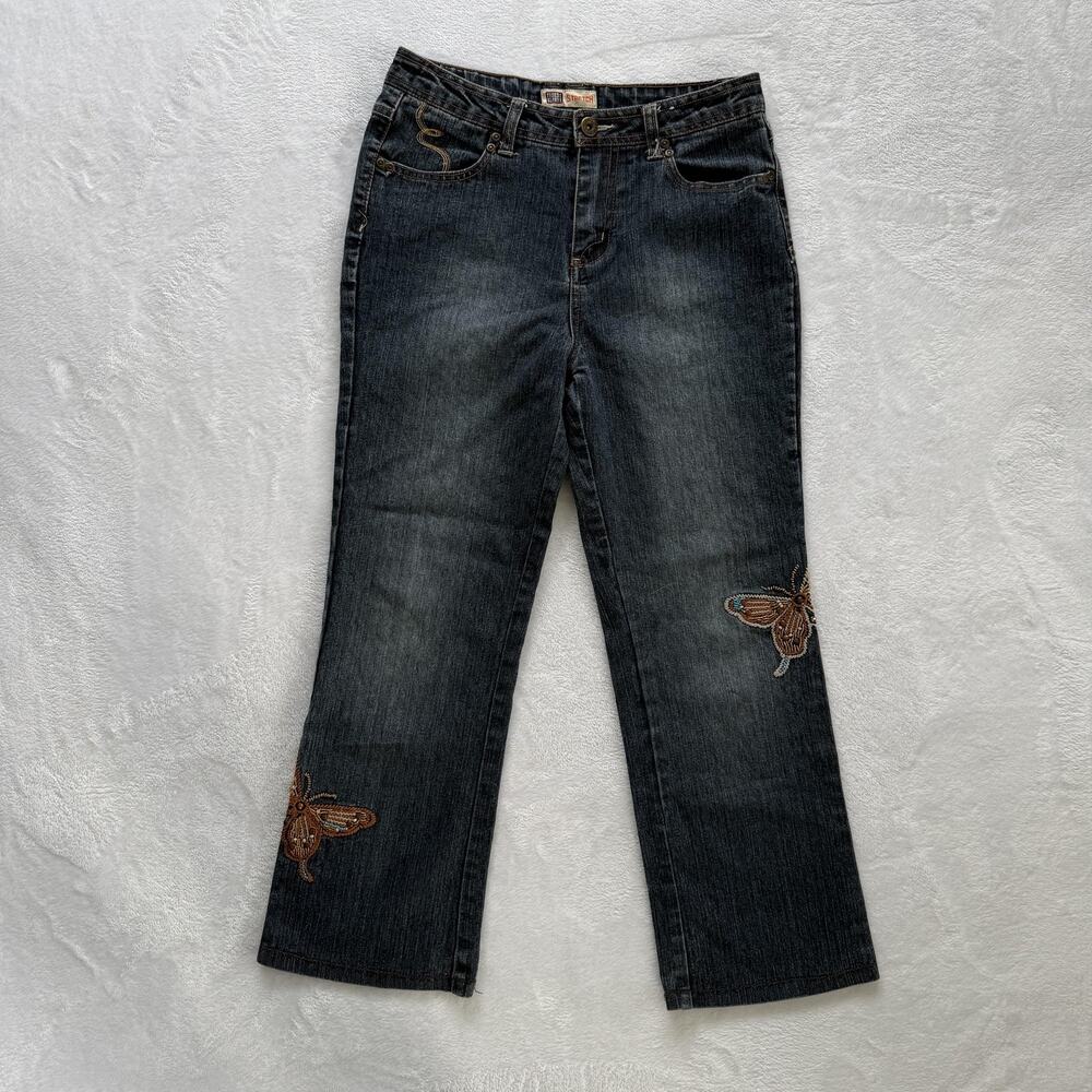 Faded Glory Jeans Girls 10 Blue Denim Straight Butterfly Embroidered Stretch